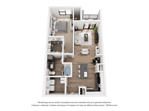 Floor plan for 1 bed, 1 bath, 859 sqft
